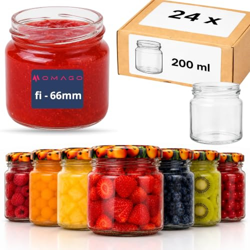 OMAGO® Lot de 24 bocaux en verre avec couvercles de 200 ml, récipients pour conserves, confitures, marmelades et miel, bocaux de conservation alimentaire