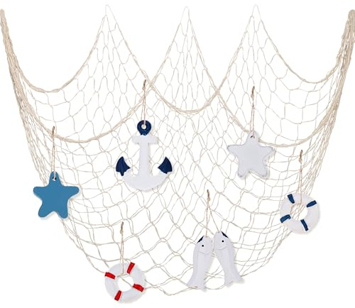 Kepfire 7 Pcs Nature Fishing Net Wall Decorations with Decorative Fish Net Starfish Life Ring Anchor for Pirate Party Mediterranean Wedding Decor