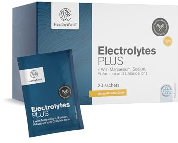 HealthyWorld Electrolitos – Electrolitos – polvo para preparar bebida – Cloruro, sodio, magnesio y potasio – 20 sobres – Hidratación corporal – Con zinc y vitamina B6 añadidos – Lima y limón