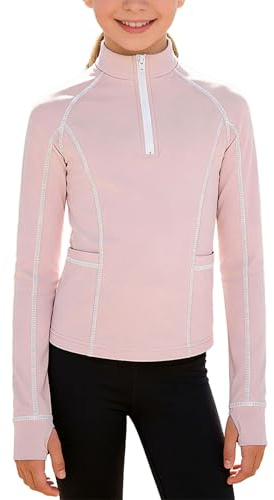 Miaeowve Kids Girls Horse Riding Zip-Up Shirt Stand Collar Long Sleeve Thumb Holes Top with Pockets