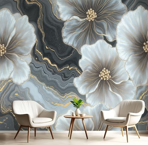 DACRWEKZ Papier Peint Panoramique Noir et blanc 250x175cm - Revêtement Mural Pour Chambre Salon - Fleurs abstraites - Fleurs à la texture marbrée - Paysage Végétal Simple - Motif Personnalisé Murale