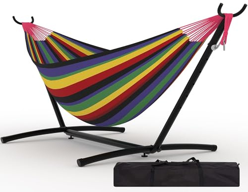 GarveeLife Hamaca con Soporte de Hierro para Exteriores, Hamaca Portátil para 2 Personas, Muy Resistente y Plegable, Capacidad Máxima 227 kg, Bolsa Impermeable Incluida, Negro con Rayas Arcoíris