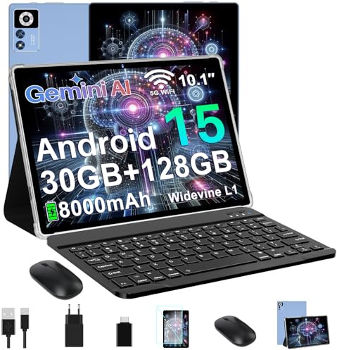 ZIOVO Tablet 10 Pollici Android 15,30GB RAM+128GB ROM(TF 1TB),5G WiFi Tablets,Octa-Core 2.0 GHz/Gemini AI/Widevine L1/8000 mAh/Bluetooth 5.0/GPS/Face ID/2 in 1 Tablet con Tastiera e Mouse-Blu