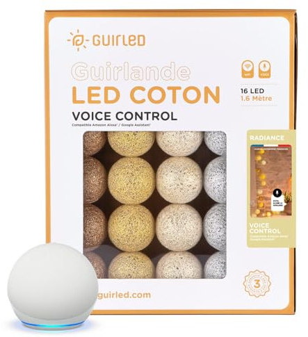 GuirLED - LED Baumwollkugeln Lichterkette WIFI USB - Sprachsteuerung - Connected Home - Amazon Alexa & Google Assistant - 2xUSB-Netzadapter enthalten - 16 Kugeln 1,6m - Strahlung