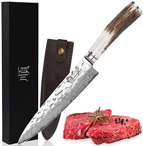 Sunlong Couteaux de chef 20,32cm Gyuto - Acier damas japonais - Poignée naturelle de cerf