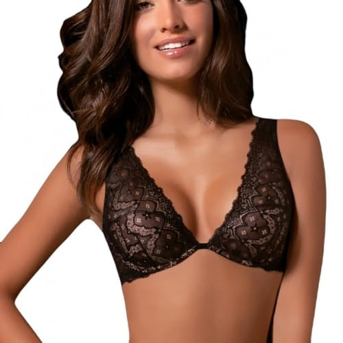 Bralette reggiseno in pizzo a balconcino leggermente imbottito coppa B con ferretto (4, Nero)