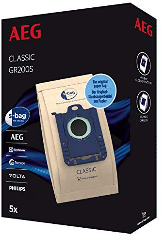 AEG s-Bag GR200S 5 x Bolsas para Aspiradora Classic (paquete de 5 bolsas de papel con alta potencia de succión, filtración óptima y cierre higiénico para una limpieza eficaz y sin polvo)