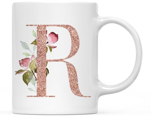 Andaz Press 11oz. Coffee Mug Gift, Pink Watercolor Roses with Faux Rose Gold Glitter Monogram Letter R, 1-Pack, Includes Gift Box, Christmas Birthday Mother's Day Graduation Coworker Present Ideas