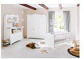 PINOLINO Kinderzimmer Florentina, Kinderbett mit Lattenrost, Wickelkommode inkl. Wickelaufsatz, Regalaufsatz und Schrank, für Babys und Kleinkinder, aus weißem Dekor