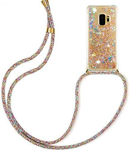 HongMan Handykette für Samsung Galaxy S9 Glitzer Flüssig Bewegende Treibsand Handyhülle+Case mit Umhängeband Handykordel mit Schutzhülle Hülle mit Band Kette Hülle(Golden)