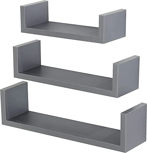 HOMION Floating Shelf Set Of 3 Different Sizes U Shape Wooden DIY Display Unit Shelves U shaped Wall Mount Shelf Living Room Kitchen Garage Caravan Camping Room Storage Shelves (Grey)