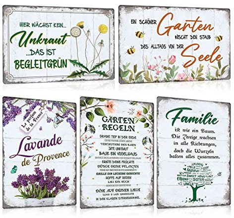 ZDFDC 5er Blechschilder Set Garten 20x30cm - Vintage Gartenschilder mit Sprüchen Lustig - Garten-regeln - Lavande Blumen - Wetterfest Metall-schild Deko Geschenk für Gärtner Gartentor Draußen