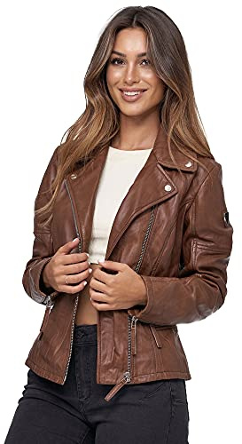 Tazzio Lederjacke moderne & zeitlose Damen Jacke im Biker Look mit Reverskragen F501 (XL, Braun)