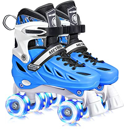METROLLER Roller Skates for Girls Ages 5-8 8-12 and Boys Teens, Adjustable 4 Sizes for Kids Toddler Rollerskates with Light up Wheels, for Women (Blue, Large-Youth & Adult (4-7 Men/5-8 Women))