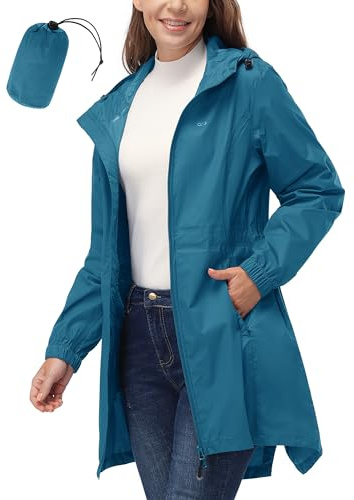 33,000ft Women's Waterproof Long Rain Coats Packable Rain Jacket with Hood Trench Coats Windbreaker