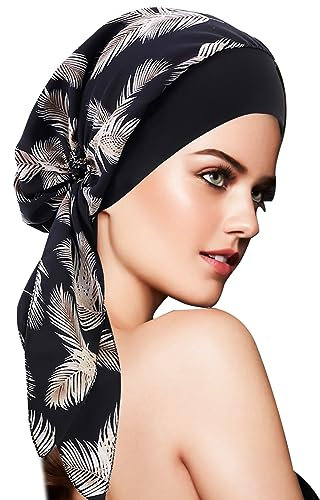 Turban Kopfbedeckung Schlafmütze Kopftuch - Chemo Turban für Krebs, Damen Kopftuch Im Voraus Gebunden Set Plissiert Headwrap Schals Gap Mütze - Schwarz - 2