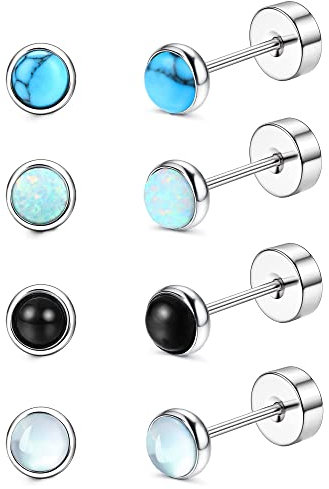 Morfetto Titan Ohrringe Flache Rückseite G23 Reintitan Ohrringe Hypoallergene Ohrstecker für Empfindliche Ohren Opal Flache Rückseite Ohrringe für Frauen