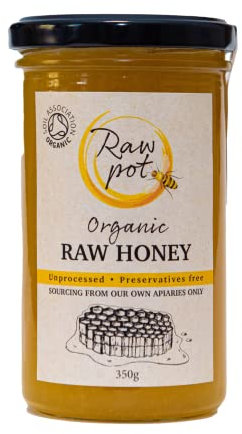 RAW POT - ORGANIC RAW HONEY – Natural Unpasteurised Pure Honey Rich in Antioxidants, Vitamins & Minerals, Probiotics for Digestive Health, Immunity, Energy Support | External Use for Skin Care (350g)