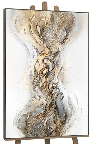 YS-Art Luxus Abstrakt Acryl Gemälde auf Leinwand Anmut handgemalt Wandbilder Wohnzimmer modern Wohndekor Praxis Lobby Gold Weiß Bild echtes Kunstwerk 140x100 cm