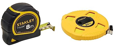 STANLEY Mètre Tylon Bi Matière 8m x 25mm - Ruban Anti-Corrosion - Boitier Bi Matière & 0-34-297 Mètre À Ruban Fibre De Verre 30 M Jaune Fluo - Revêtement Pvc - Anti-Corrosion