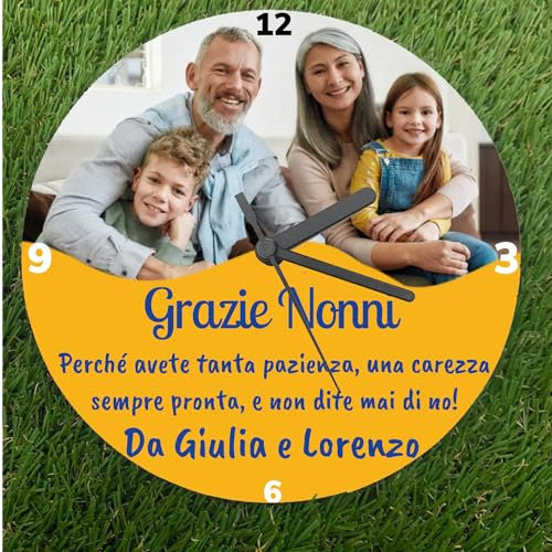 Generico Orologio da parete personalizzabile con foto scritte dediche in legno naturale diametro 25 cm festa dei nonni mamma papà idea regalo Natale