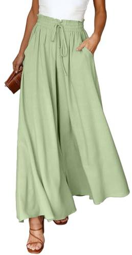 Dokotoo Sommerhose Damen Leicht Palazzo Hose Elegant Sommer High Waist Baggy Leinenhose Freizeithose Baumwolle Leinen Weite Hosen mit Taschen Kordelzug Elastisch Einfarbig Stoffhose Grün XL