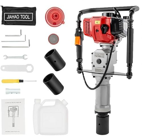 RibasuBB 52CC Pfahlramme 2-Takt Benzin Pfahlramme 2.3PS T Pfostenramme 6500r/min Benzin Motor Pfahlramme Pfostenramme Pfostentreiber Zaunbau, Luftkühlung, Einzylinder, 1L Kraftstofftank Kapazität