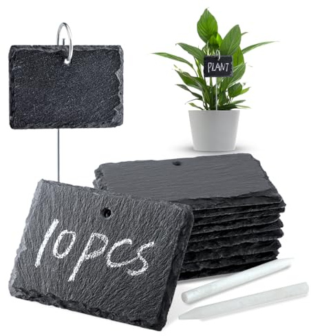 WLWNWFT Outdoor Plant Labels Slate with Stakes & 2 Chalk Pencils, Waterproof for Seed Herb Seedling Vegetable Flower Potted Plants(10 Pieces, 3.94x2.76in)