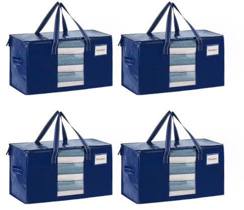 VENO 4er-Pack Umzugstaschen XXL(87 Liter) mit Sichtfenster, Faltbare Aufbewahrungstasche, Starke Griffe & Reißverschluss, Alternative zu Umzugskartons für Kleidung,Blau