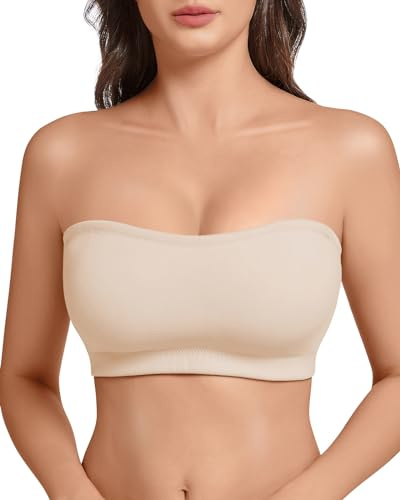 LEYSHE Sujetador sin Tirantes para Mujer, Sujetador Bandeau Acolchado, Top de Tubo sin Costuras, Top Bandeau Antideslizante con Tirantes Transparentes,Beige,L