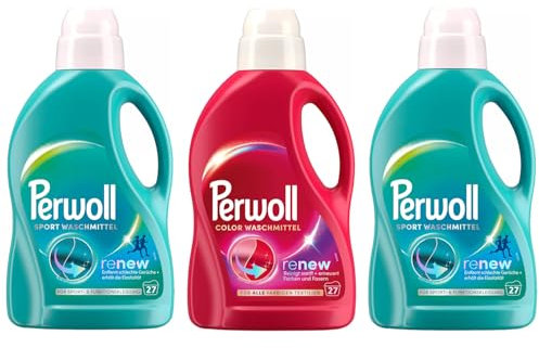 PERWOLL Flüssig-Set 3x 27 Waschladungen (81WL) 1x Color & 2x Sport, Feinwaschmittel erneuert Farben und Fasern & Hygiene Waschmittel, entfernt schlechte Gerüche & erhält die Elastizität