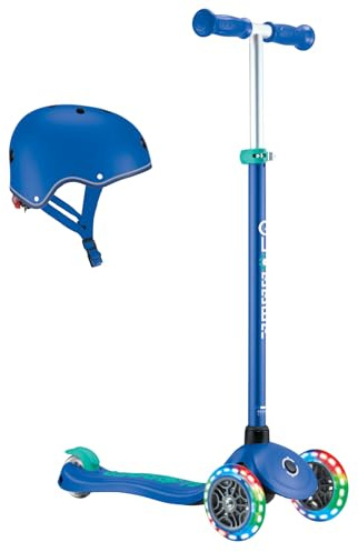 GLOBBER Primo Plus Lights – Tretroller und Helm Kinder, 120/80 mm, 3-rädrig, höhenverstellbar, LED-Leuchtrollen