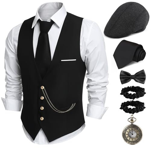 PARTTELY 1920s Mens Costume,Roaring 20s Costumes for Men,1920S Mens Outfit Accessories with Vest Hat Pocket Watch Tie Armband Black