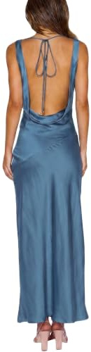 Robe Maxi en Satin à col bénitier sans Manches, Dos Nu, pour invitées de Mariage, Robe en Soie Dos Nu à Nouer dans Le Dos, Robes Formelles pour Femmes., Noir foncé, Taille M