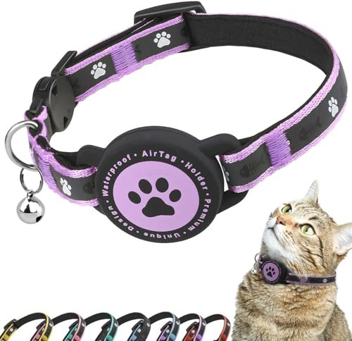 Airtag Katzenhalsband Breakaway, Reflektierendes Kätzchenhalsband mit Airtag-Halterung und Glocke, Bequeme Polsterung, Verstellbar, Langlebig, Passend für Katzen (Lila, S)