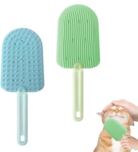 2PCS Cat Tongue Brush, Cat Tongue Comb, Soft Cat Brush, Washable Silicone Cat Tongue Comb, for Long Or Short Haired Cats,Multifunctional Cat Grooming Brush Cat Comb for Pets Grooming (Blue, Green)