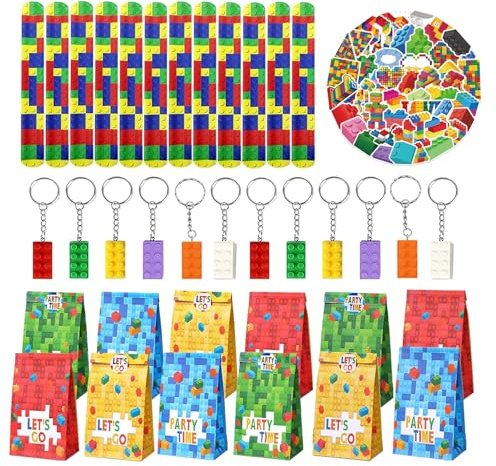 86 Stück Bausteine Party Mitgebsel, Kindergeburtstag Party Mitgebsel Deko,Bausteine Schlüsselanhänger Schnapparmband Aufkleber Partytüten für DIY Blöcken Themen Party Geschenk