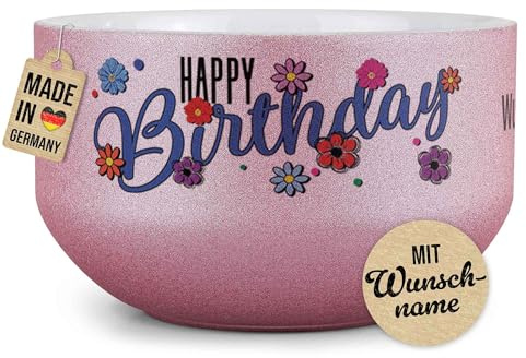 Print Royal PR Glitzer Müslischale mit Name selbst gestalten - Happy Birthday - Schüssel bedrucken - Personalisiertes Geschenk zum Geburtstag - Keramik, Pink 500 ml