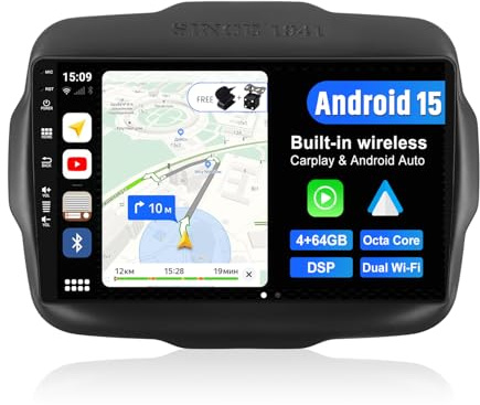 BXLIYER Android 14 IPS Autoradio pour Jeep Renegade (2015-2018) GPS Navigation Radio - 4G+64G - Senza fili Carplay Android Auto - DSP Dab Volant WLAN 360-CAM Bluetooth - Caméra + MIC - 2 Din 9 Pouce