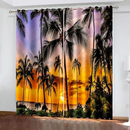 Beydodo Vorhänge Blickdicht mit Ösen 2er Set 132x229CM, Verdunkelungsvorhang Kinderzimmer Landschaft Sonnenuntergang Kokospalmen Gardinen Verdunkelnd Jugendzimmer Schlafzimmer