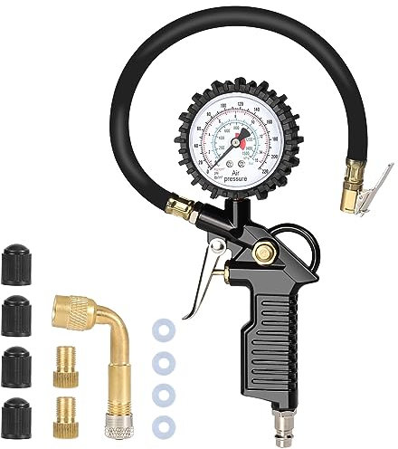 Gaethra Reifendruckprüfer mit Flexiblem Schlauch, Reifenfüller für Auto, Motorrad, Manometer Messbereich: 0-16 BAR/220 PSI