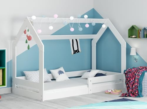 Interbeds Montessorisäng, 160 x 80 cm, barnsäng, enkelsäng, med fallskydd, med ram (vit)