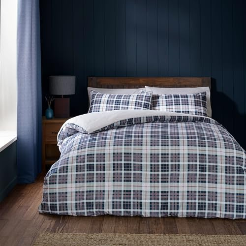 Catherine Lansfield Gemütliches Sherpa-Bettwäsche-Set mit Kissenbezug, kariert, für Einzelbett, Marineblau