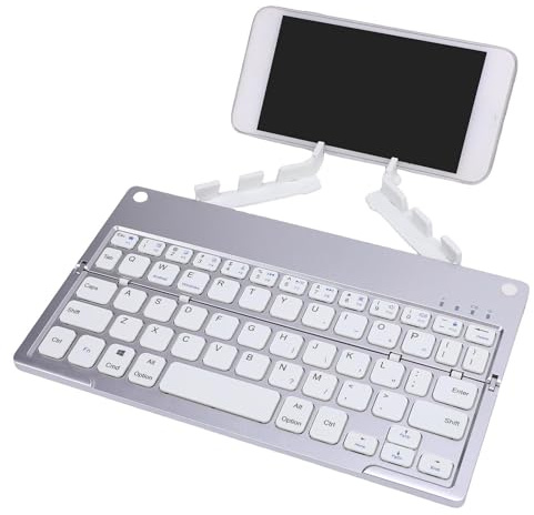 Bewinner Foldbar BT -Tangentbord med Telefonstativ, Bärbar Fickstorlek Fällbar Trådlöst Tangentbord för Telefoner, Surfplatta, 140mAh Laddningsbar (Silvervit)