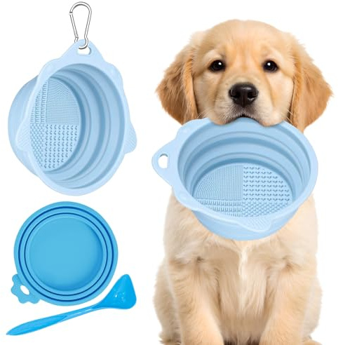 Cooltto 1 Stück Faltbare Hundenäpfe Katzennapf Silikon Wassernapf Hund Faltbar Unterwegs mit Dosendeckel & Löffel Reisenäpfe für Hunde mit Karabiner für Katzen Hunde Reise Wanderungen Camping-Hellblau