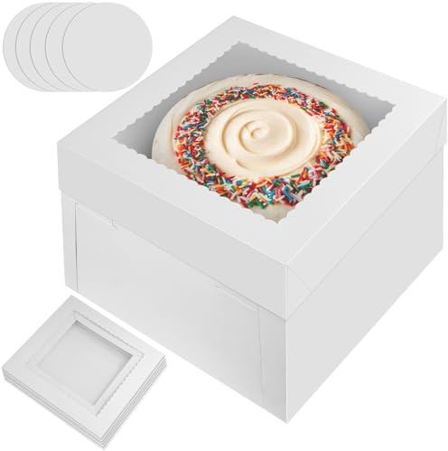 Ezvsevuo 5 Piezas Cajas para Tartas de Cartón,30.5x30.5cm Caja Tarta Blancas Con Ventana Transparente y Bandeja,Caja Transporte para Tartas,Cajas para Pasteles de Carton Cuadrada(30.5x30.5x20.3cm)
