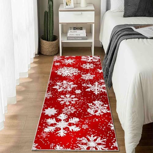 Dppyuxa Waschbarer Küchenläufer Weihnachten Schnee rutschfest Teppich | für Küche und Flur Lebkuchen Stern Langer Flurteppich Winter Dekoration Küchenteppich Maschinenwaschbar 80x180 cm