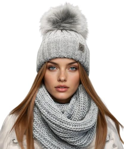 Solvera_Ltd Mütze und Schal Set Damen Wintermütze Strickmütze & Loop, Winter Beanie mit Bommel 2-in-1, Warm Kuschelig Wintermützen (Dukelgrau)