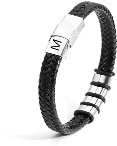 SAMINO Bracelets for Men,Black Leather 26 Initial Bracelet For Man Stainless Steel A-Z Letter Charm Woven Bracelet Christmas Gifts for Dad Grandad Boyfriend Son Brother (M)