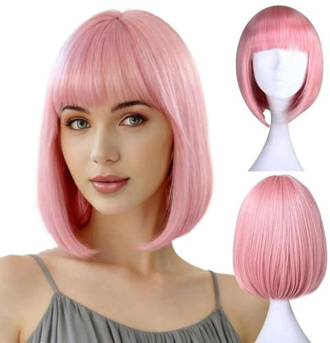 ZXTGBQ Glam-peruk för kvinnor, 12 tum/30 cm, färgglad, rak rosa bob-peruk med lugg, syntetiskt hår för kvinnor, för cosplay, halloween, fest, karneval, daglig användning